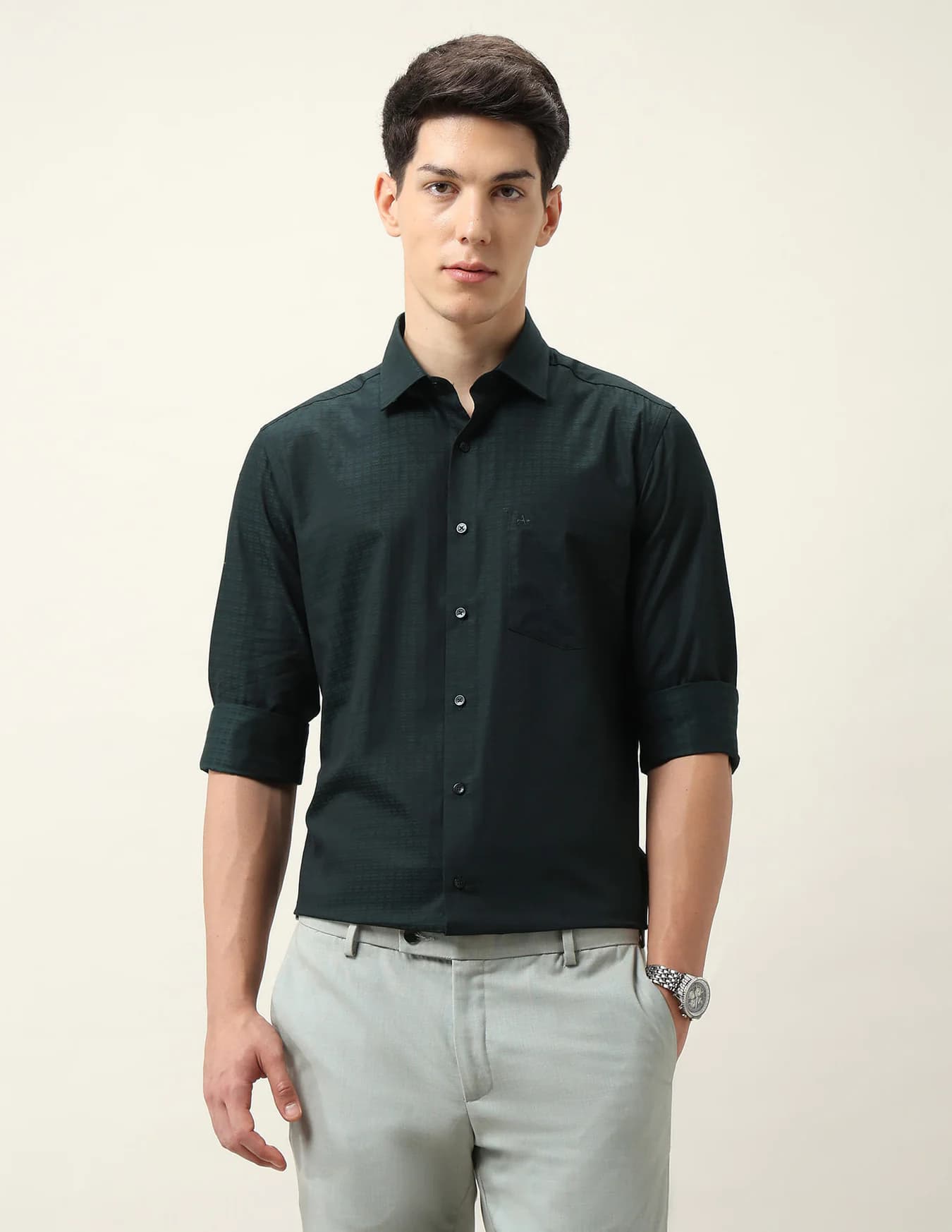 Men's Green Formal Regular Fit Full Sleeves Self-Design Shirt