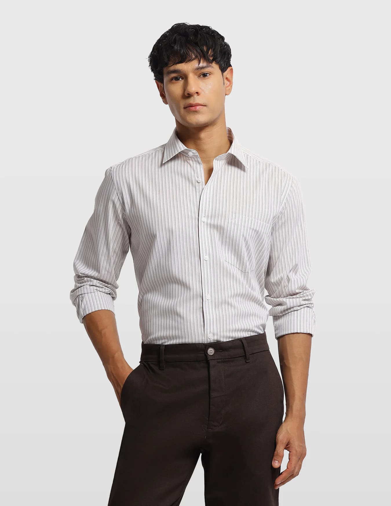 Men's Brown Formal Slim Fit Full Sleeves Striped Shirt