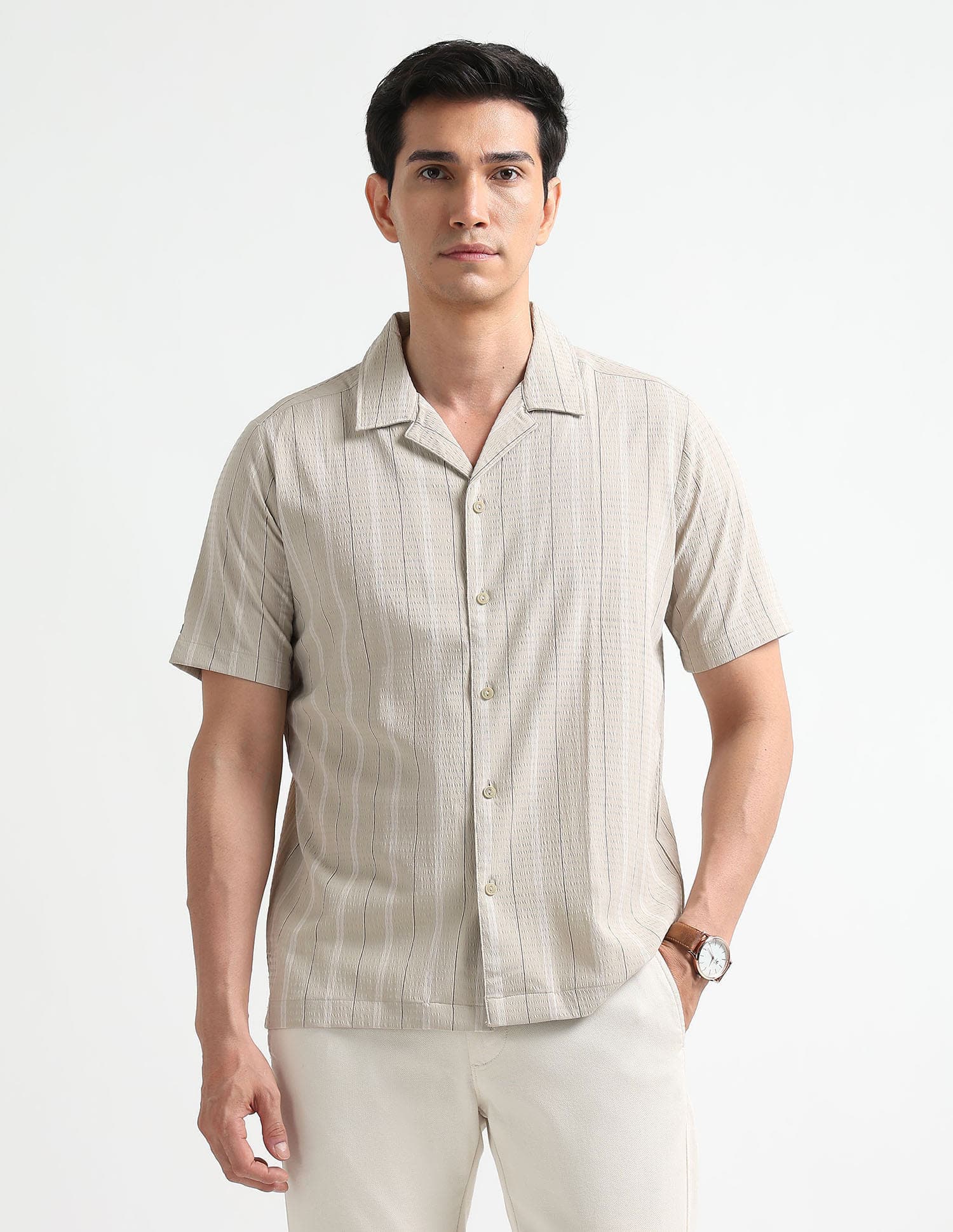 Men's Beige Casual Regular Fit Half Sleeves Textured Shirt