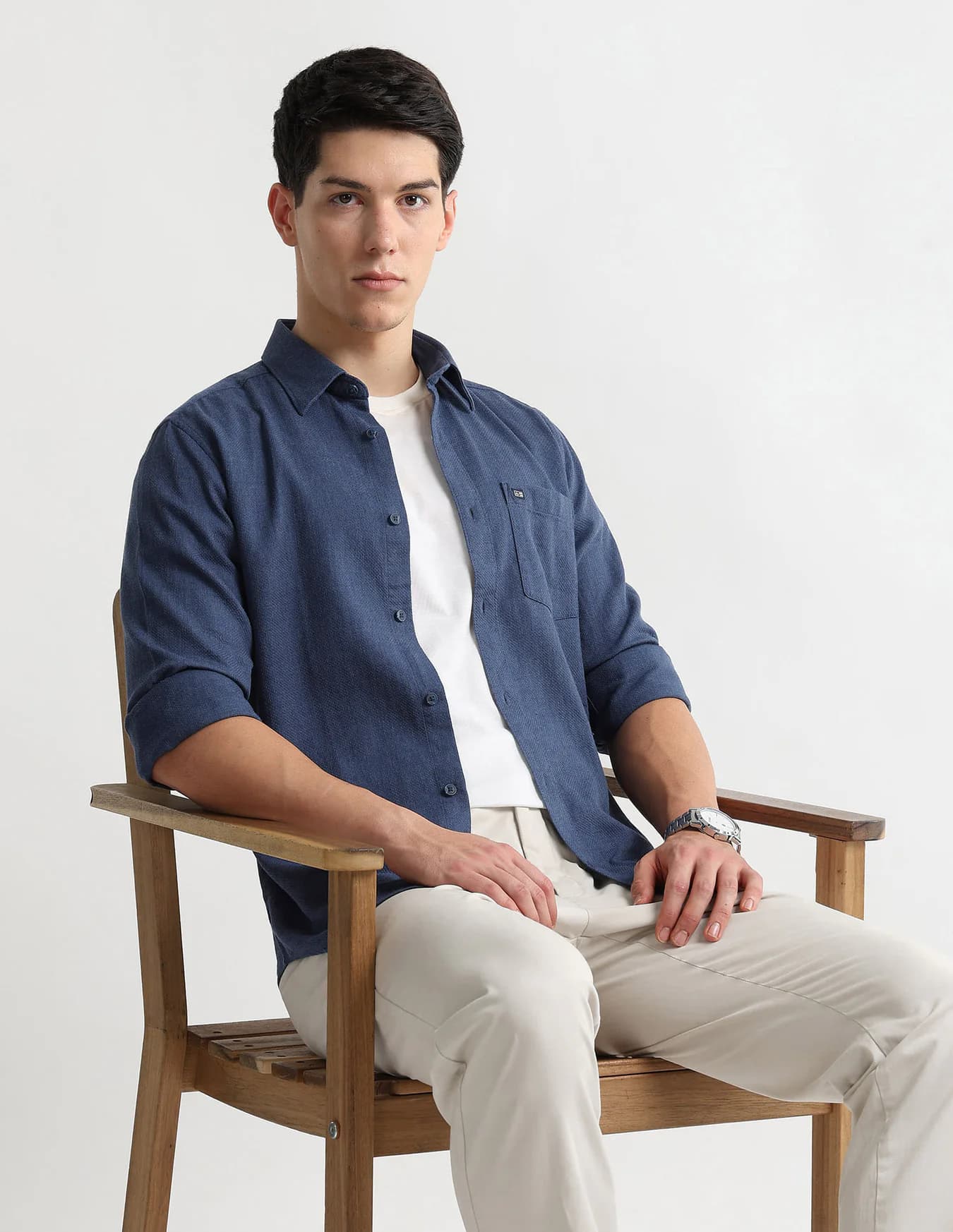 Men's Blue Casual Slim Fit Full Sleeves Self-Design Shirt