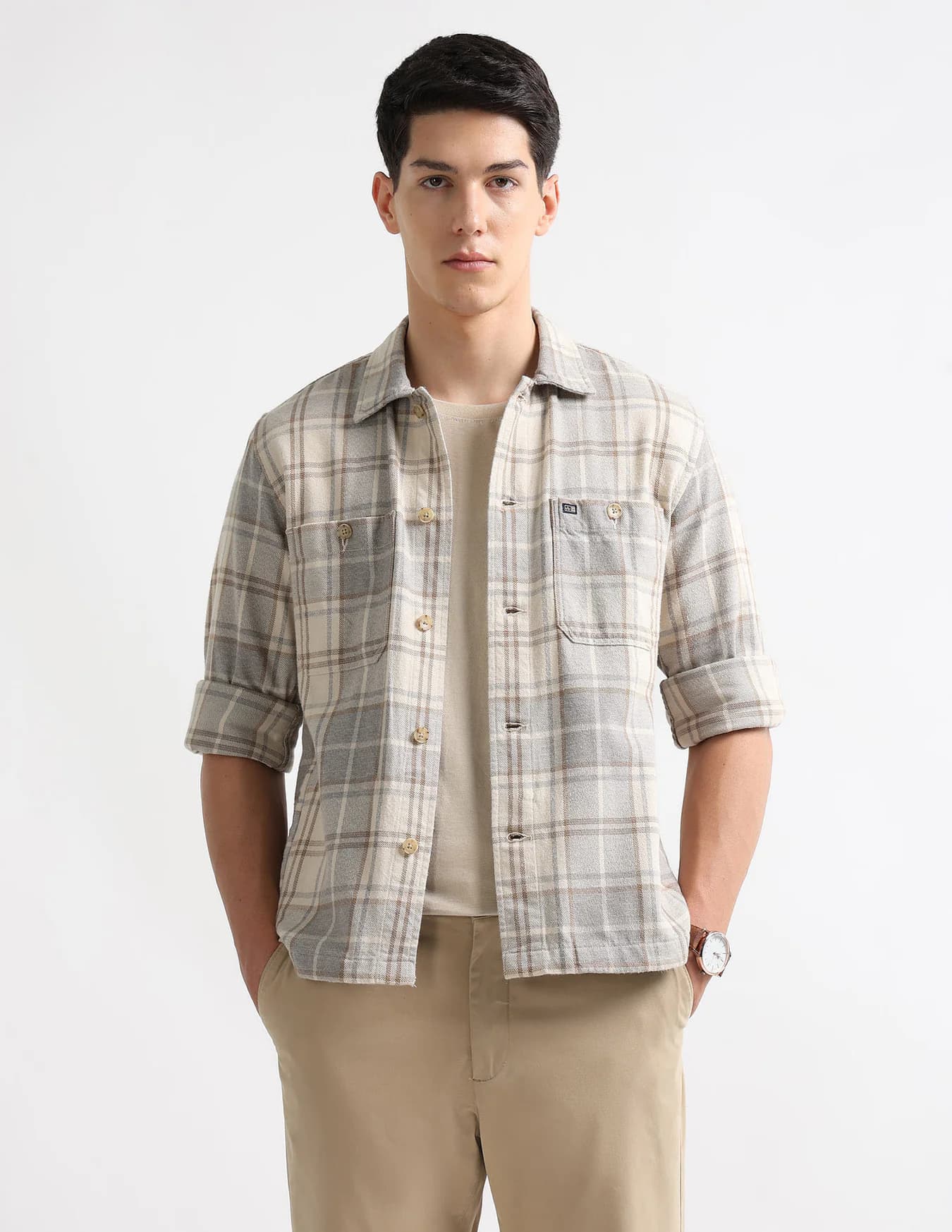 Men's Grey Casual Regular Fit Full Sleeves Checked Shacket