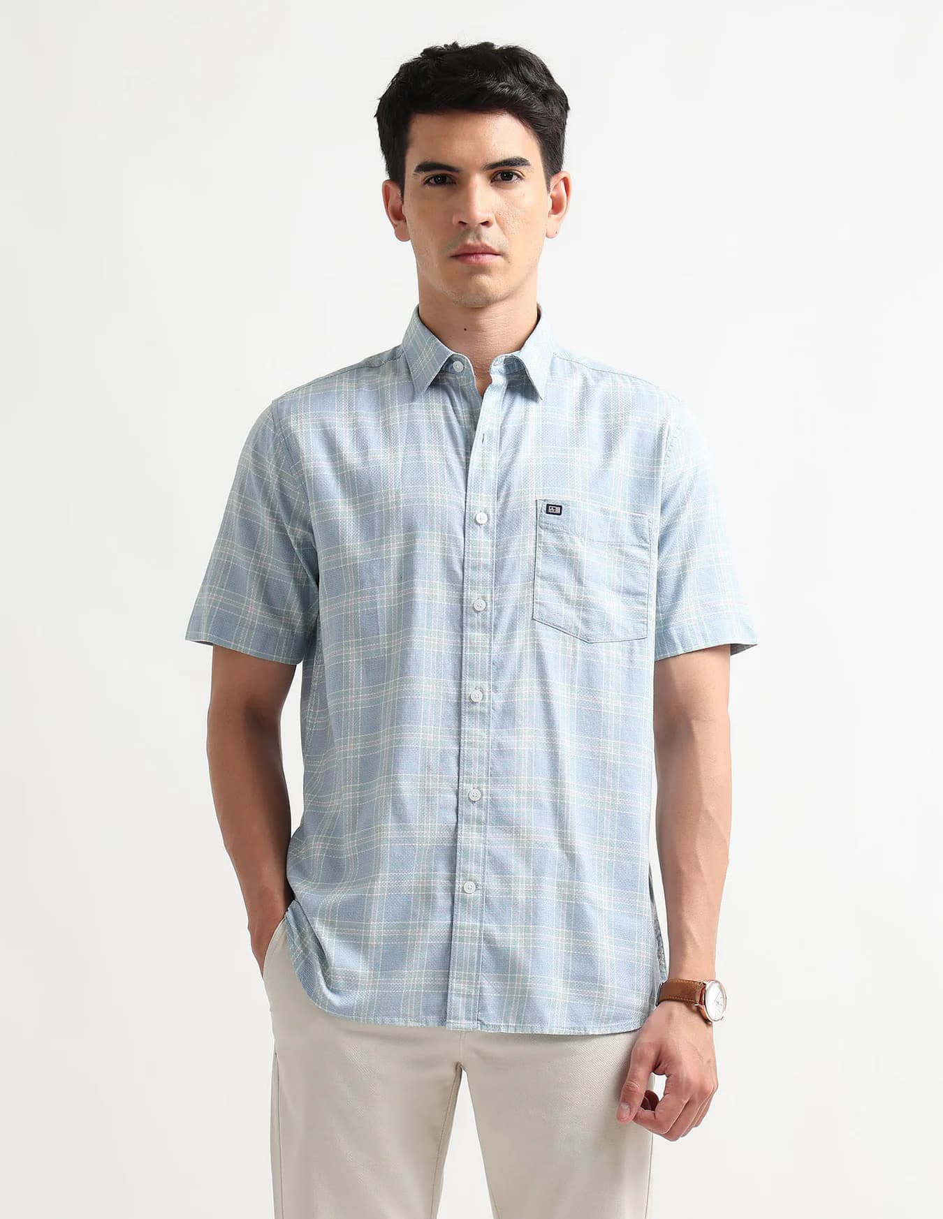 Men's Blue Casual Regular Fit Half Sleeves Checked Shirt