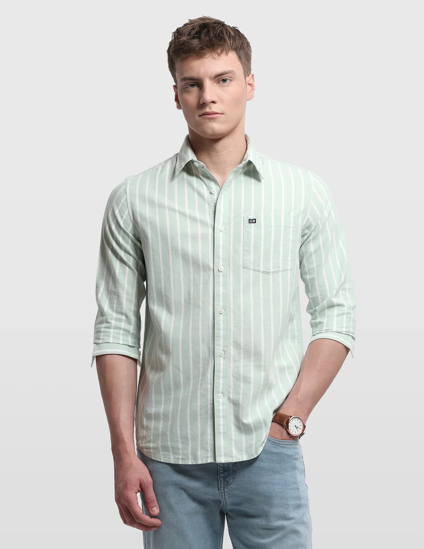 Men's Green Casual Slim Fit Full Sleeves Striped Shirt