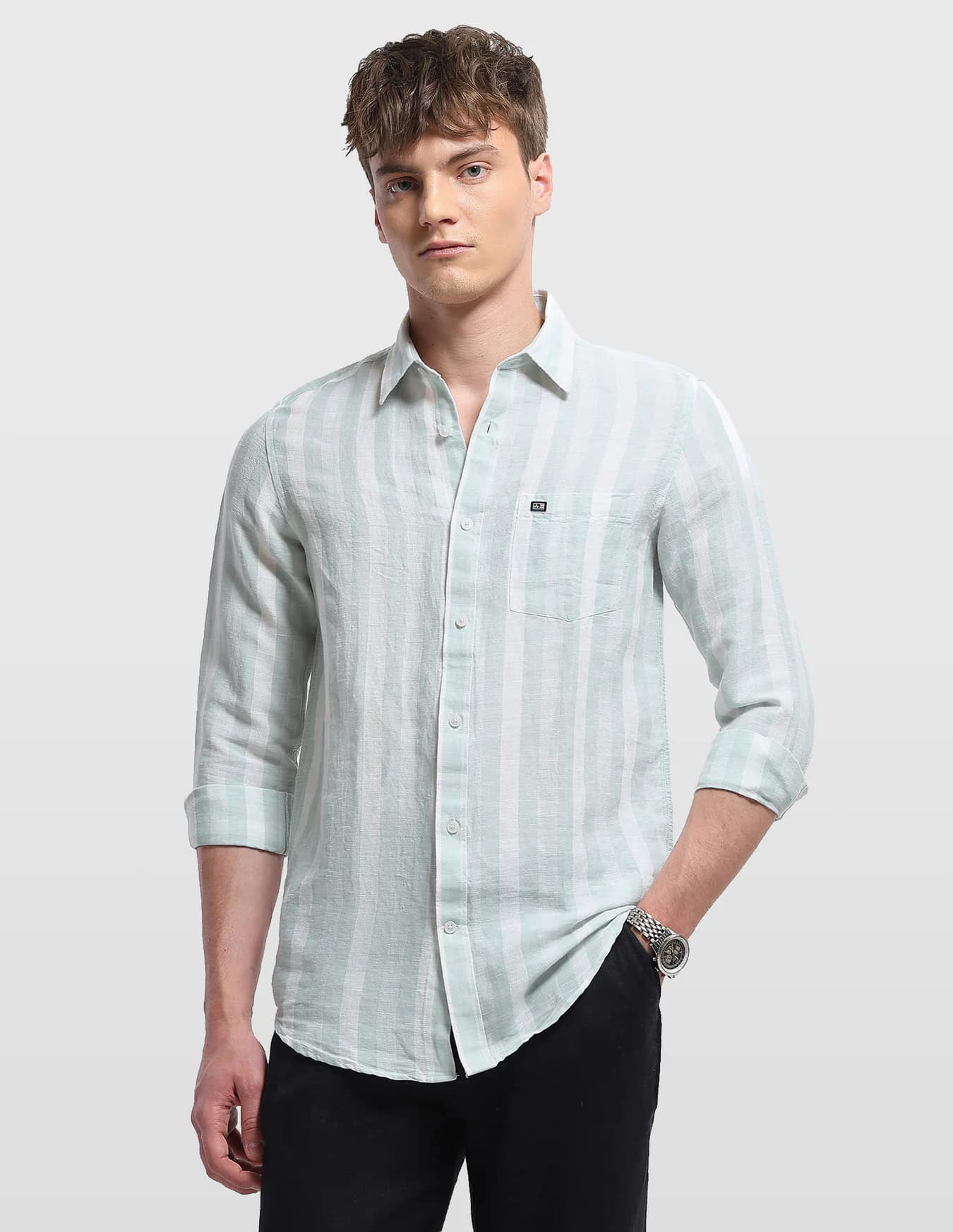 Men's Green Casual Slim Fit Full Sleeves Striped Shirt
