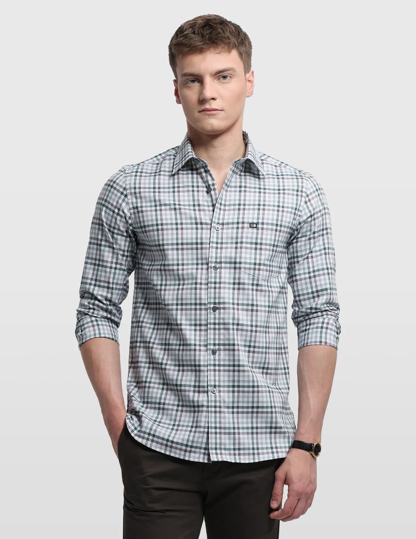 Men's Grey Casual Slim Fit Full Sleeves Checked Shirt