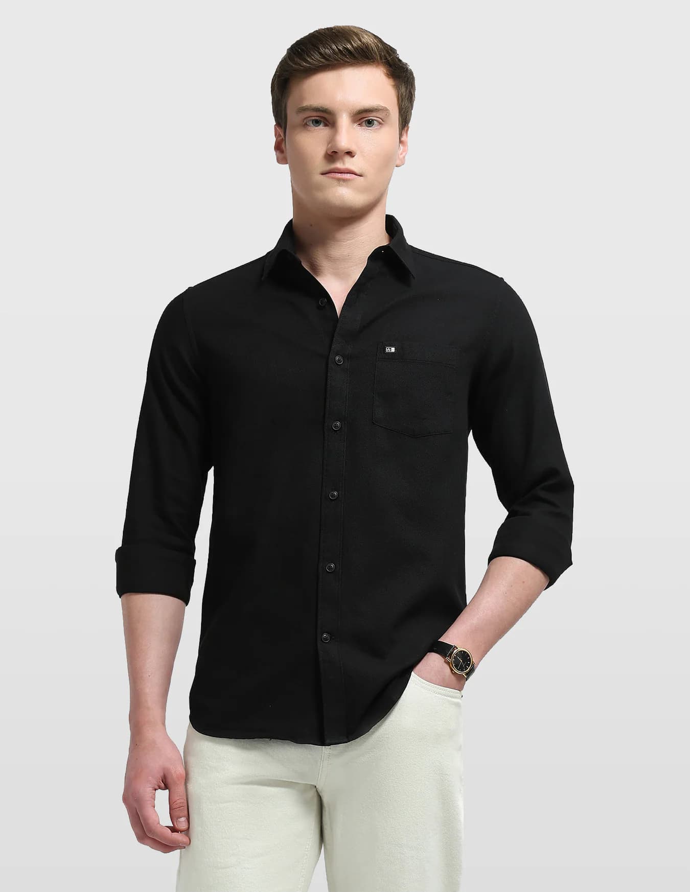 Men's Black Casual Slim Fit Full Sleeves Self-Design Shirt