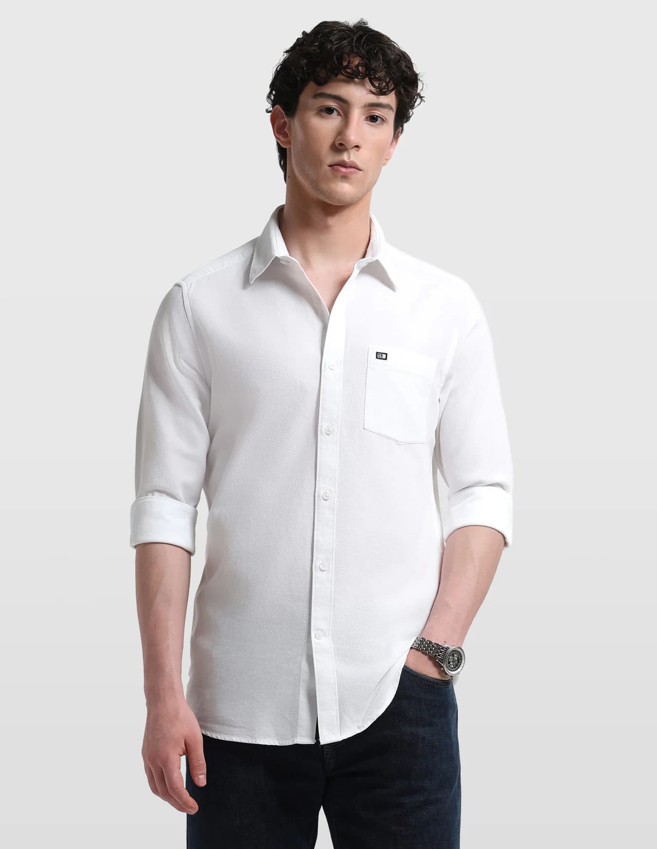Men's White Casual Slim Fit Full Sleeves Self-Design Shirt