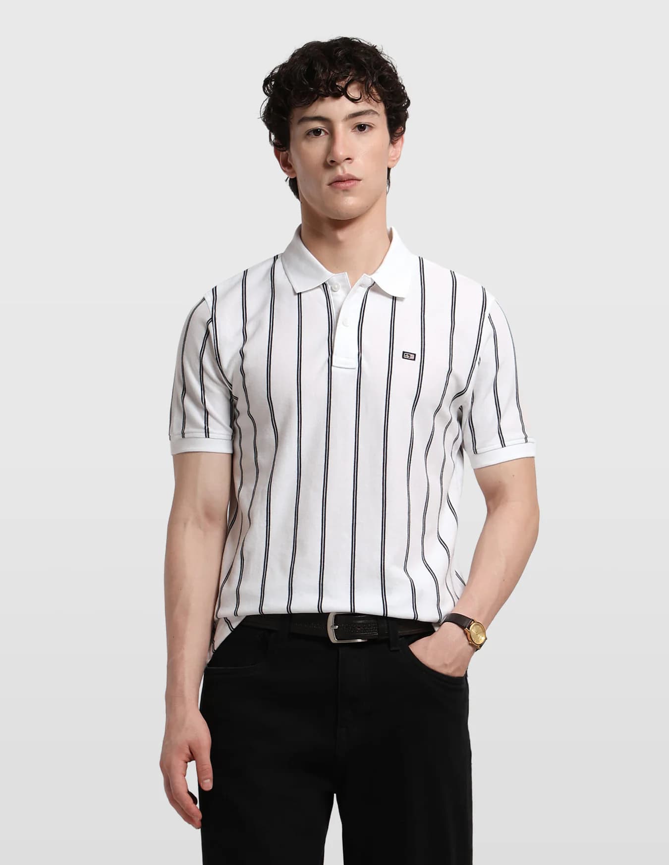 Men's White Casual Regular Fit Half Sleeves Striped Polo Tshirt