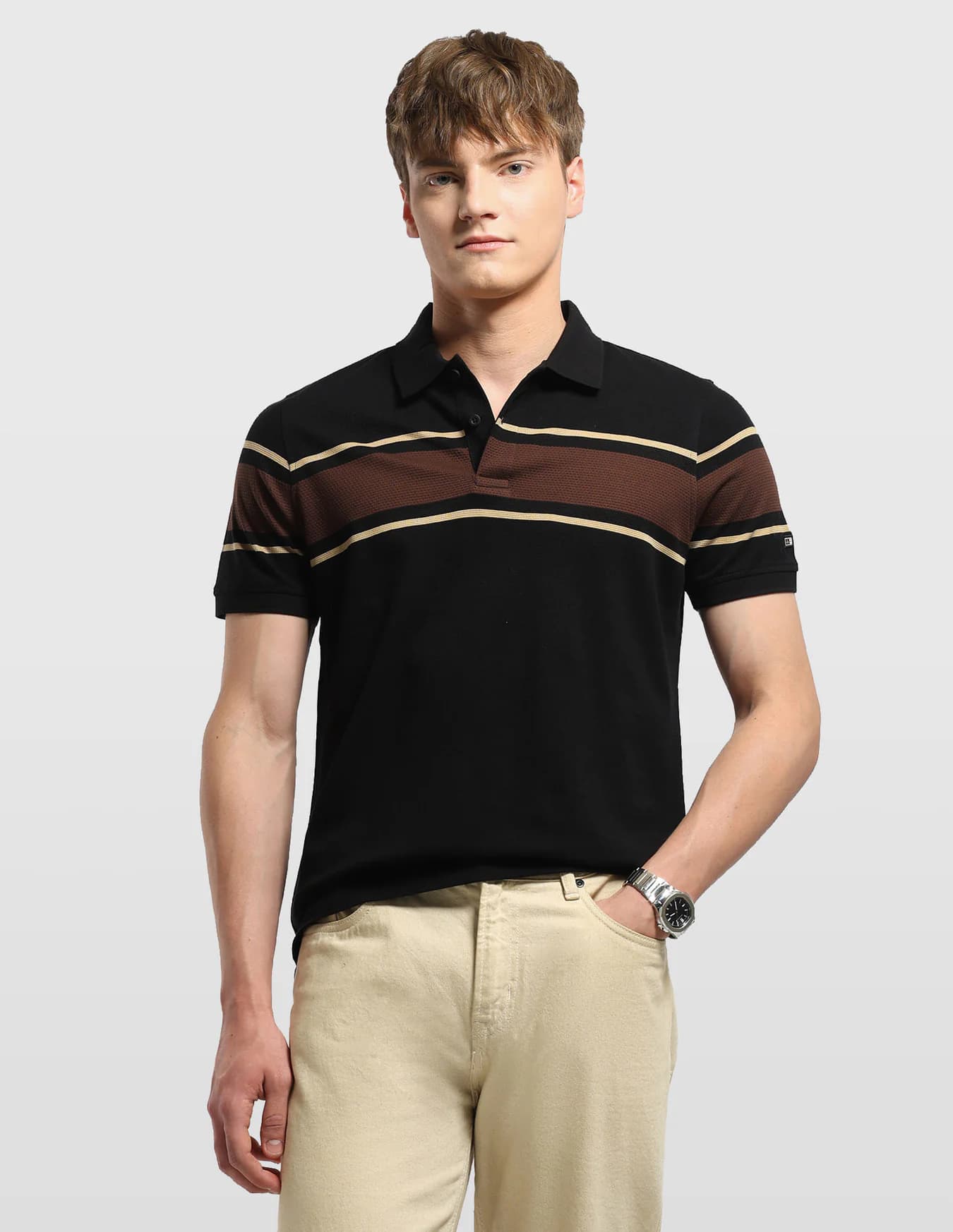 Men's Black Casual Regular Fit Half Sleeves Striped Polo Tshirt