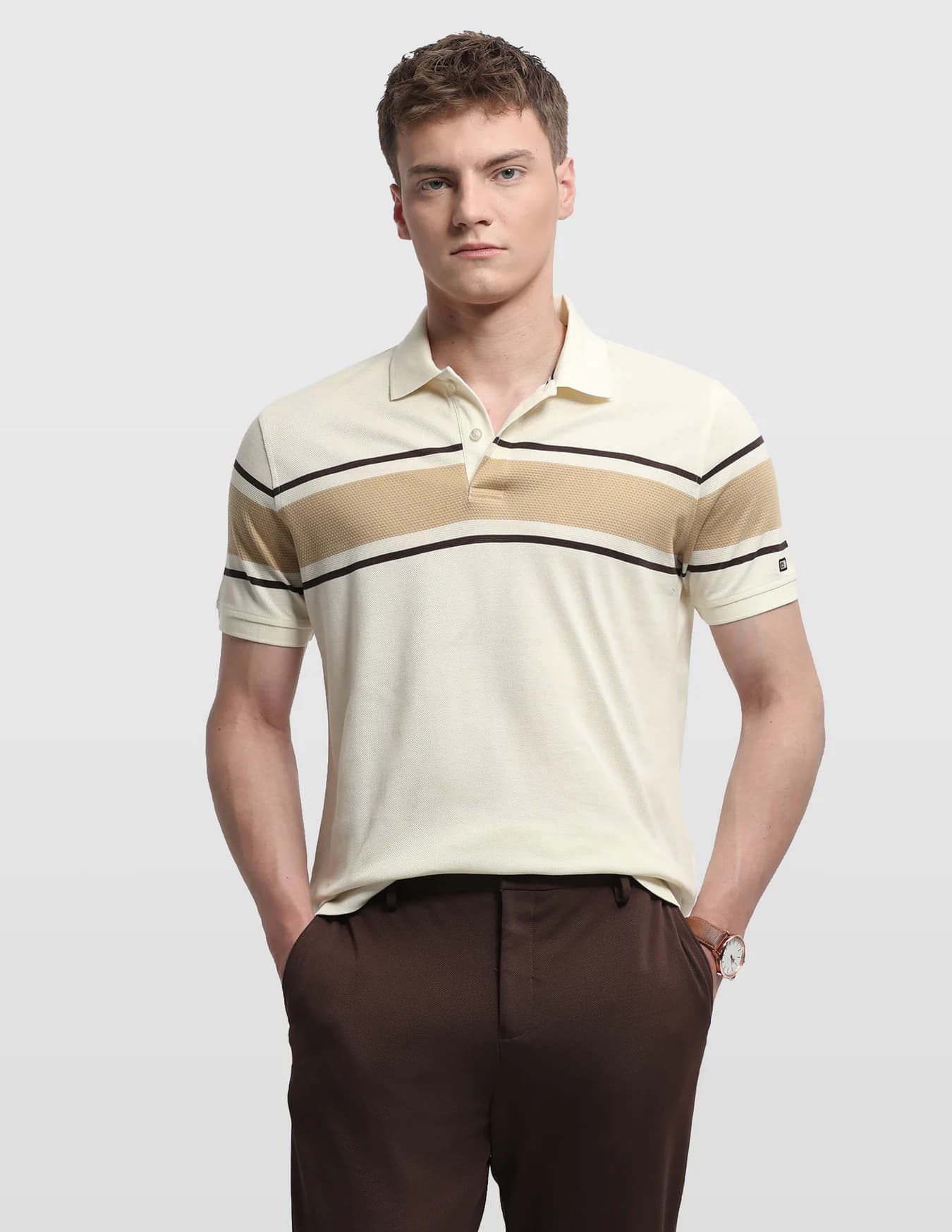 Men's Beige Casual Regular Fit Half Sleeves Striped Polo Tshirt