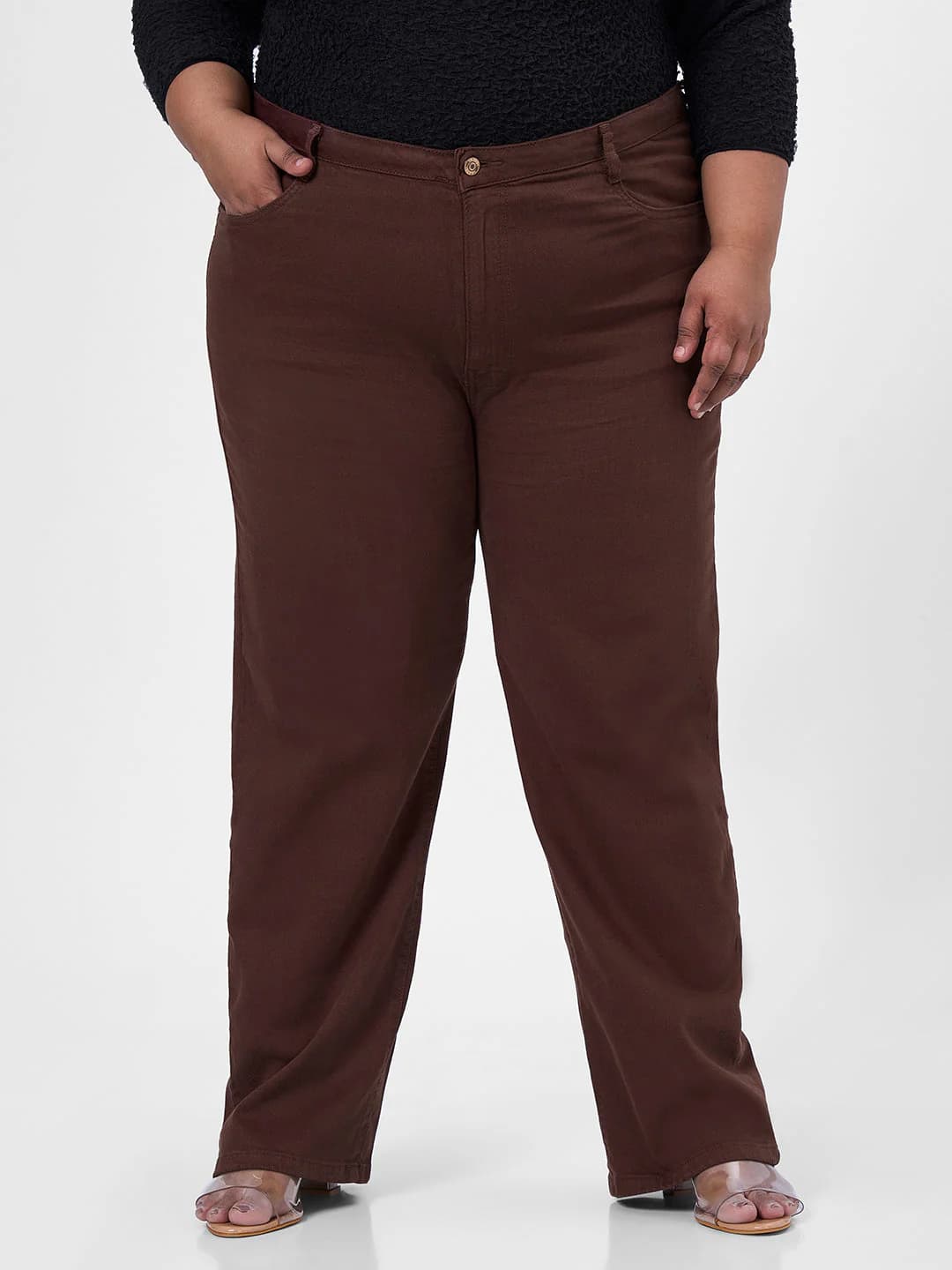 Women's Brown Casual Solid Straight Fit High Rise Plus Size Jeans