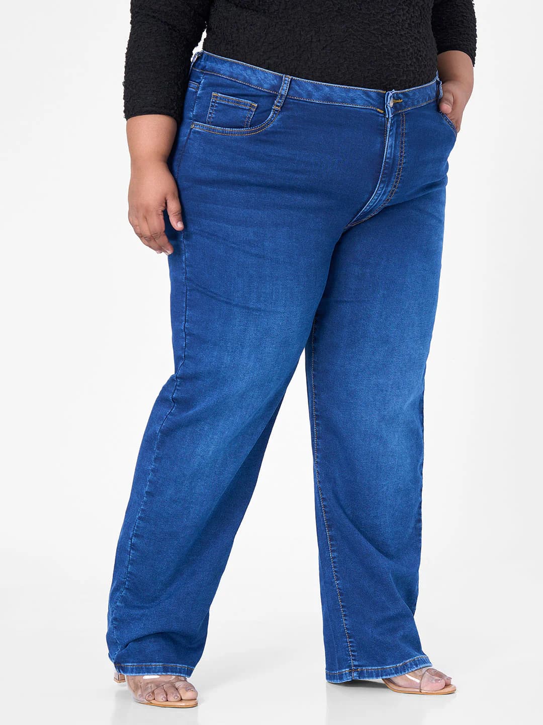 Women's Blue Casual Solid Straight Fit High Rise Plus Size Jeans