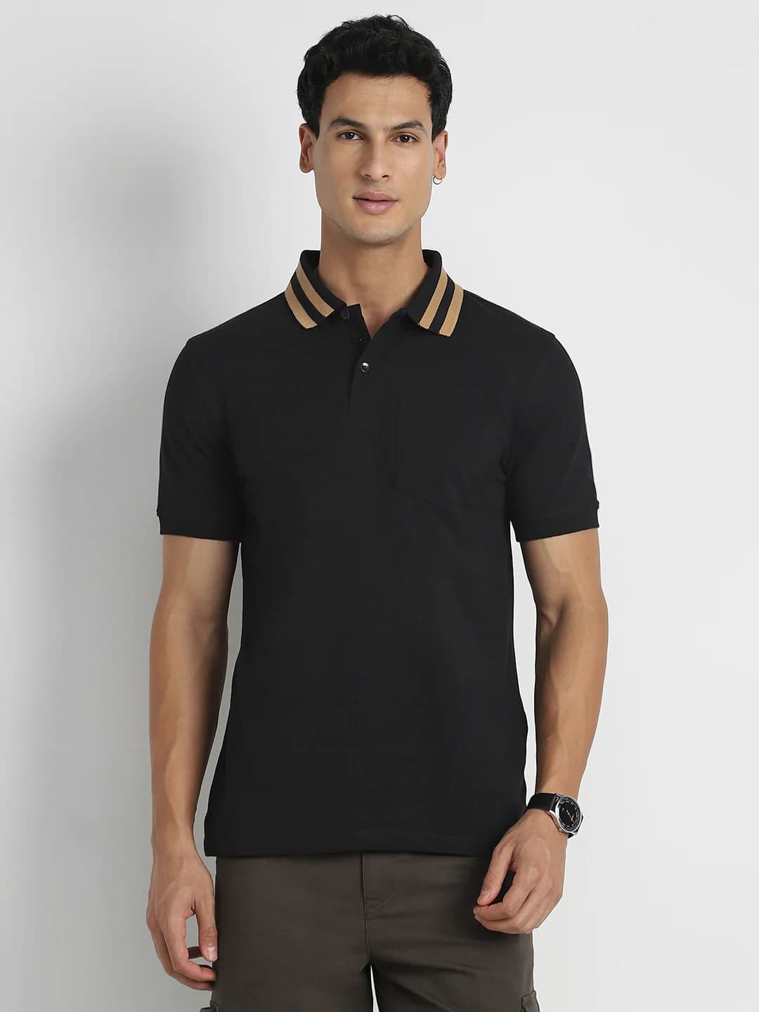 Men's Black Casual Striped Collar Polo Tshirt