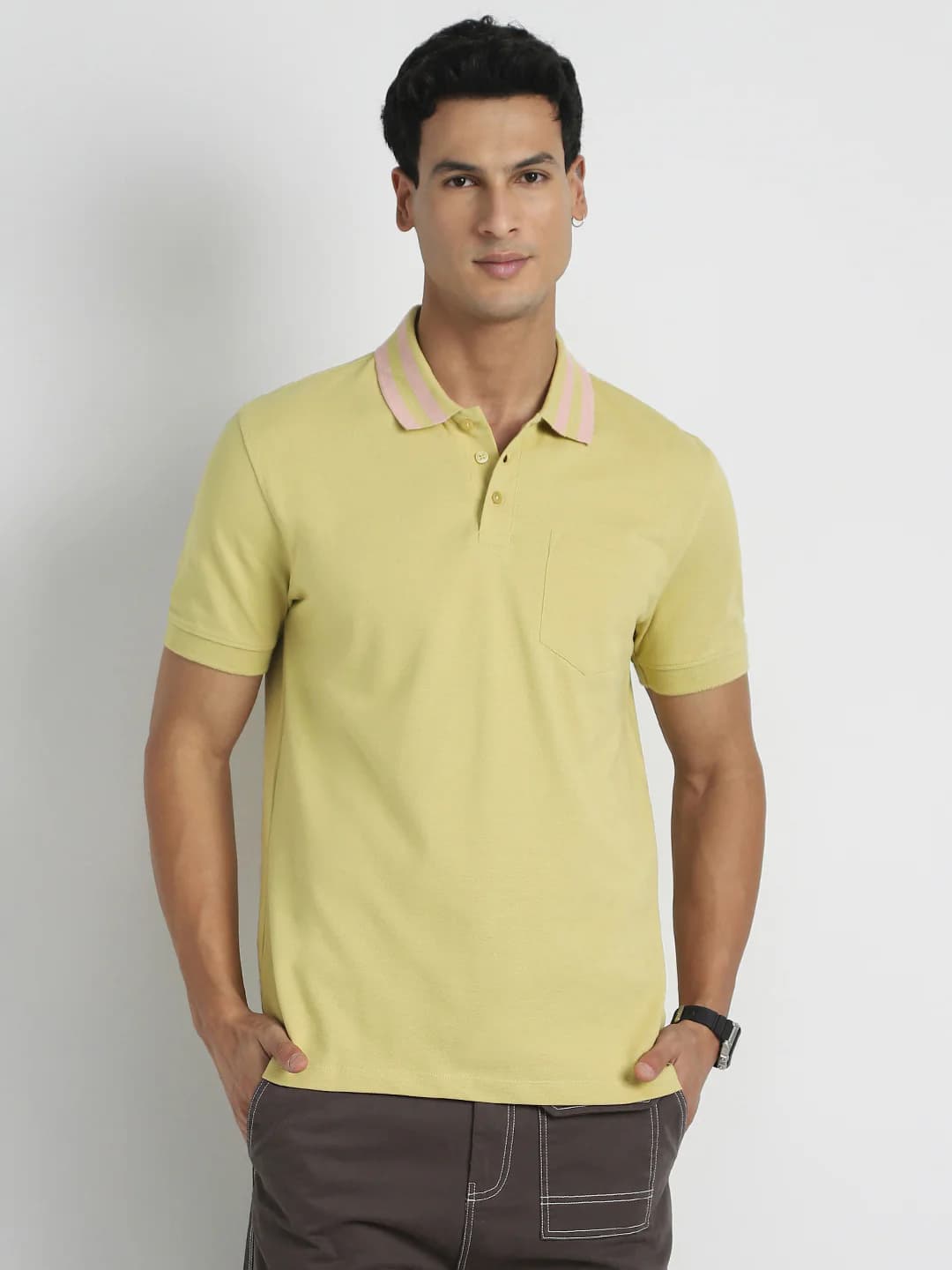 Men's Yellow Casual Striped Collar Polo Tshirt
