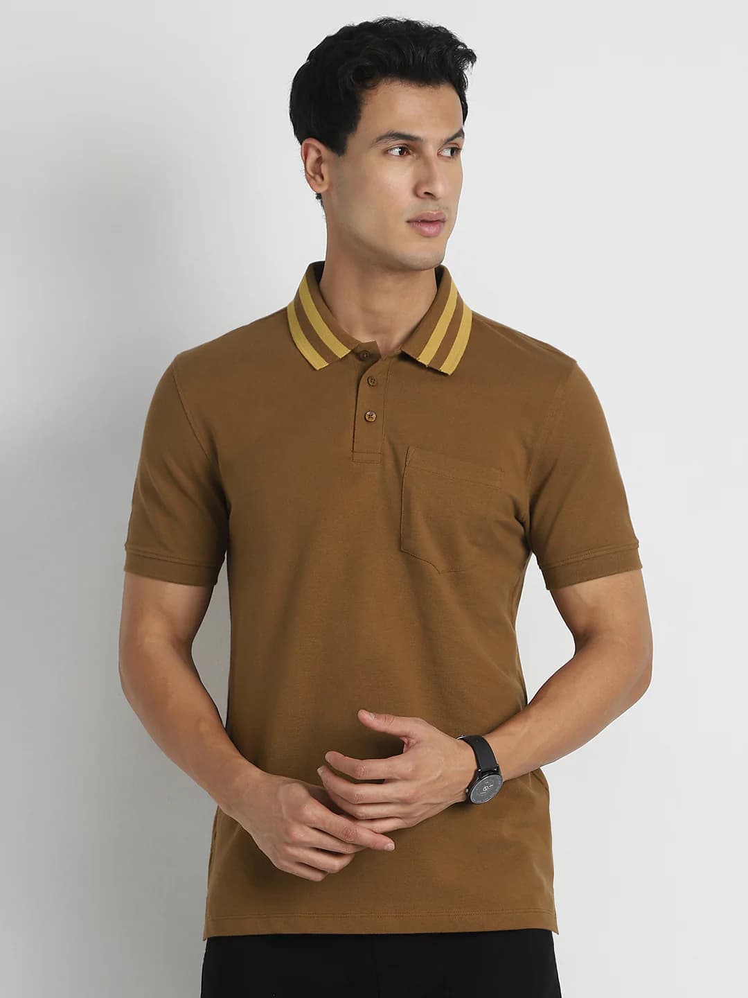 Men's Brown Casual Striped Collar Polo Tshirt