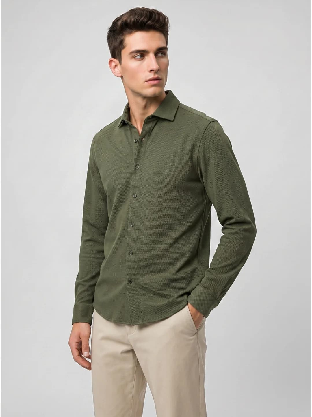Men's Green Casual Textured Popcorn Shirt