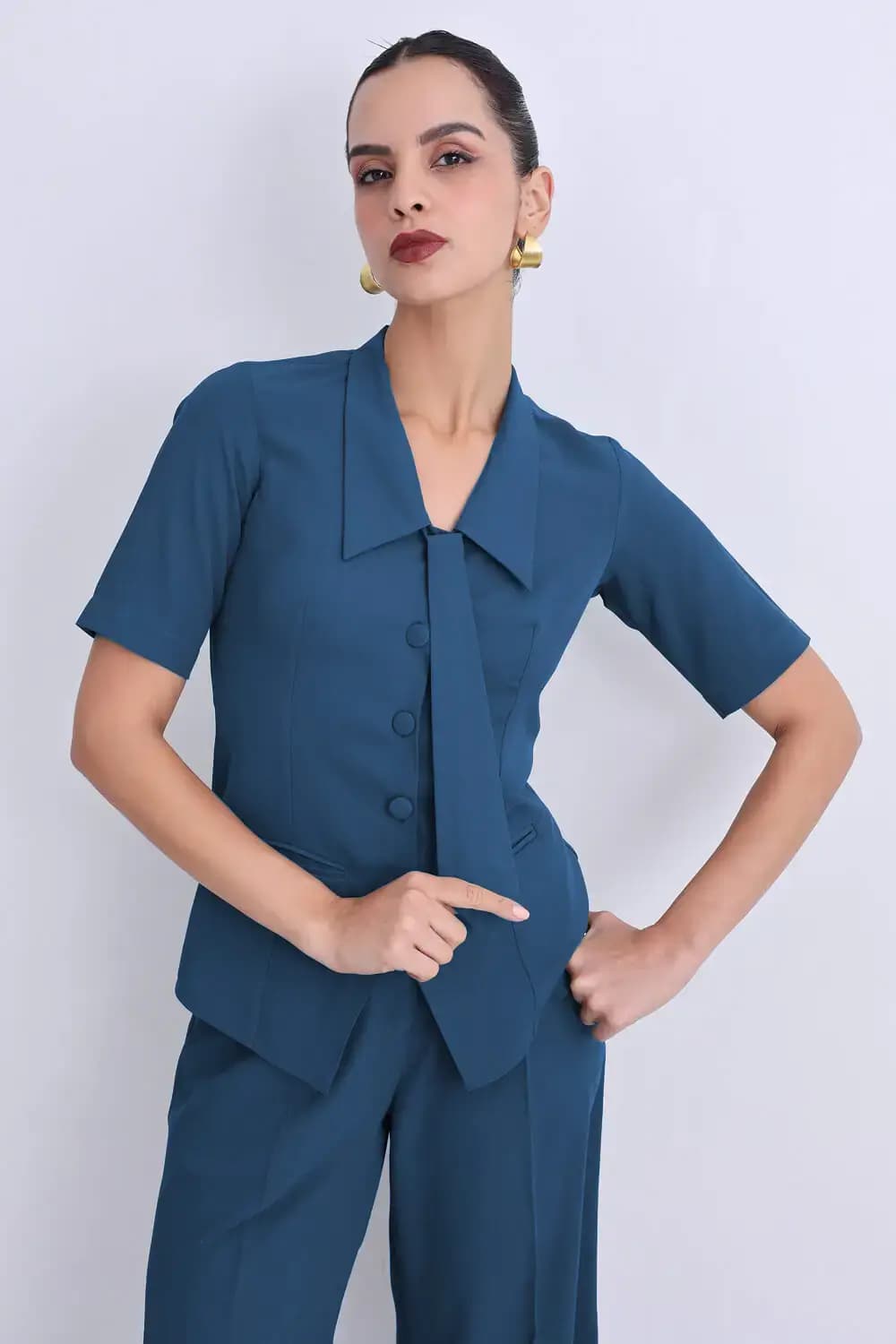 Women's Blue Formal Half Sleeves Detachable Tie Business Crep Top
