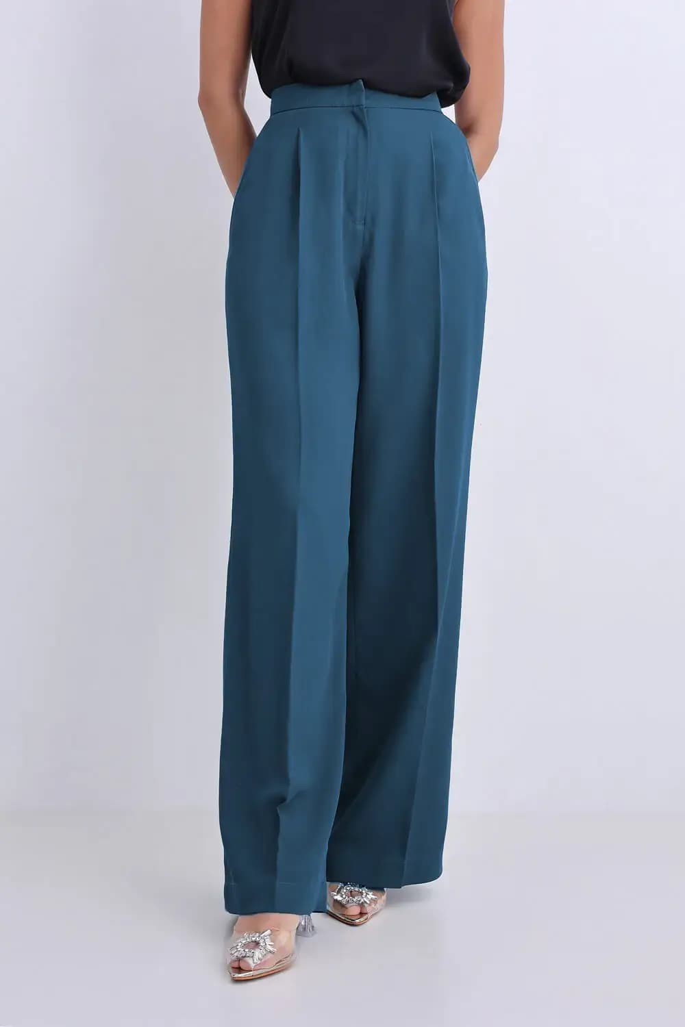Women's Blue Formal High Rise Flowy Back Elasticated Crep Trouser