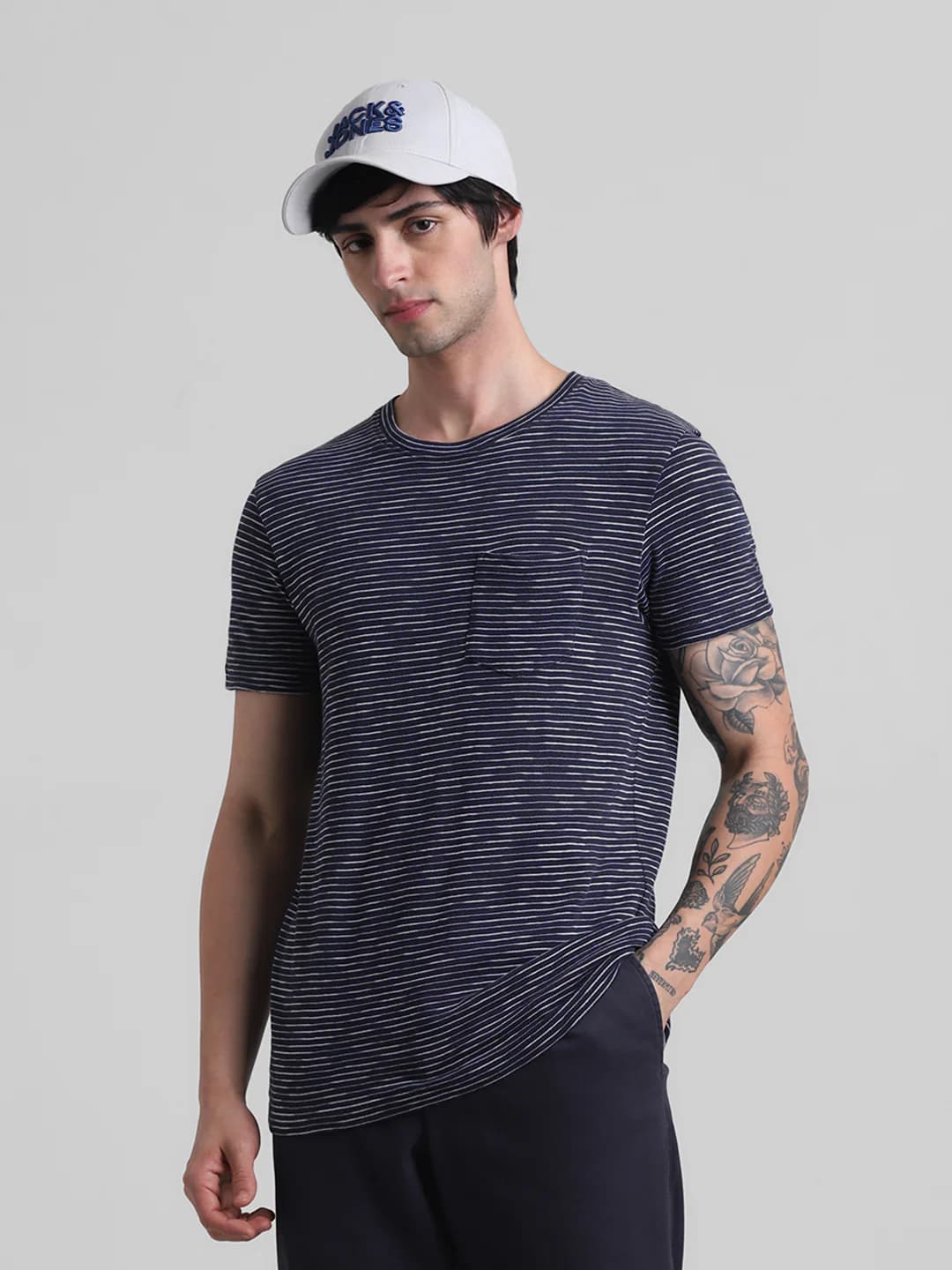 Men's Blue Casual Slim Fit Striped Half Sleeves Tshirt
