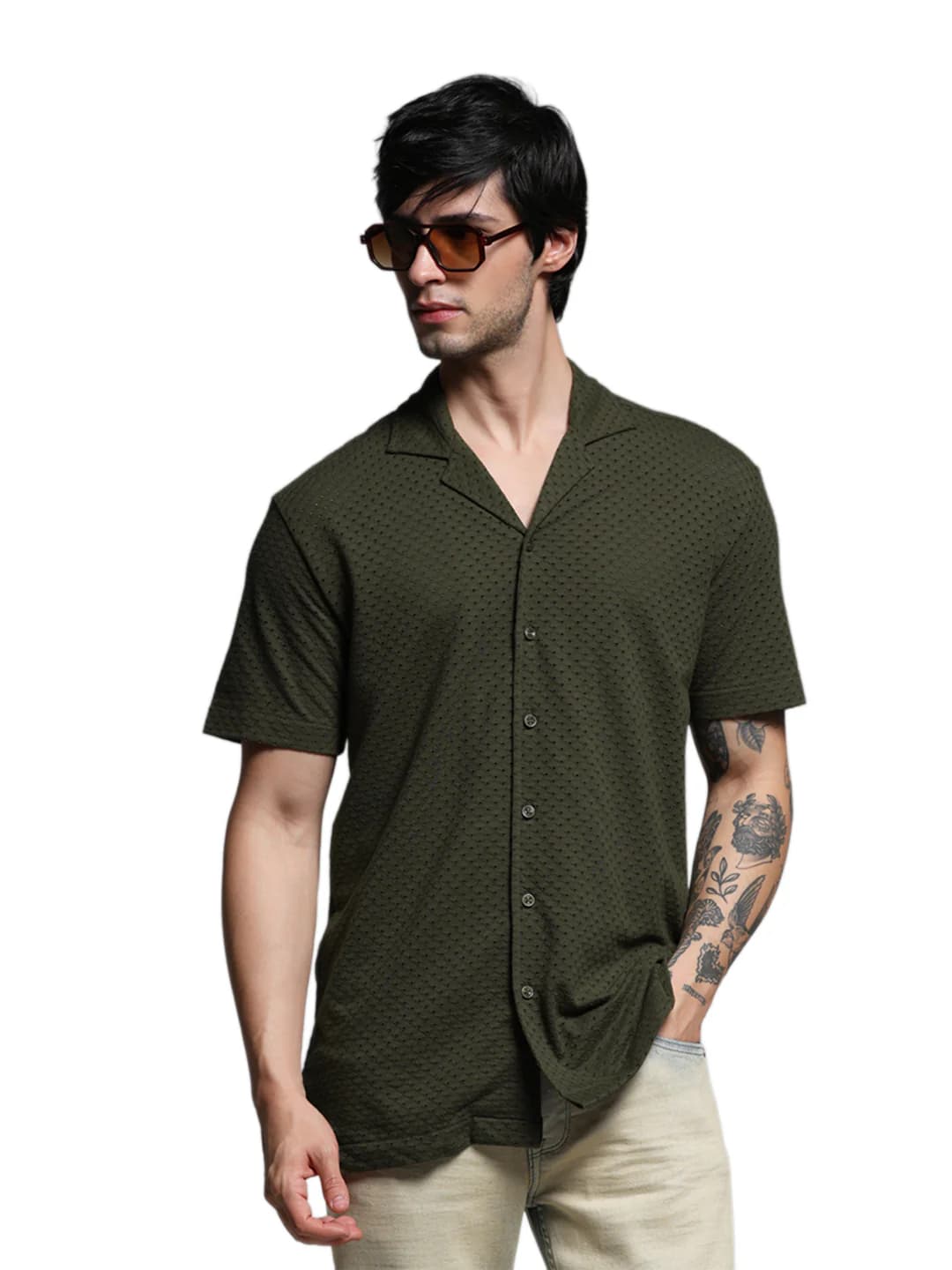 Men's Green Casual Regular Fit Solid Half Sleeves Shirt