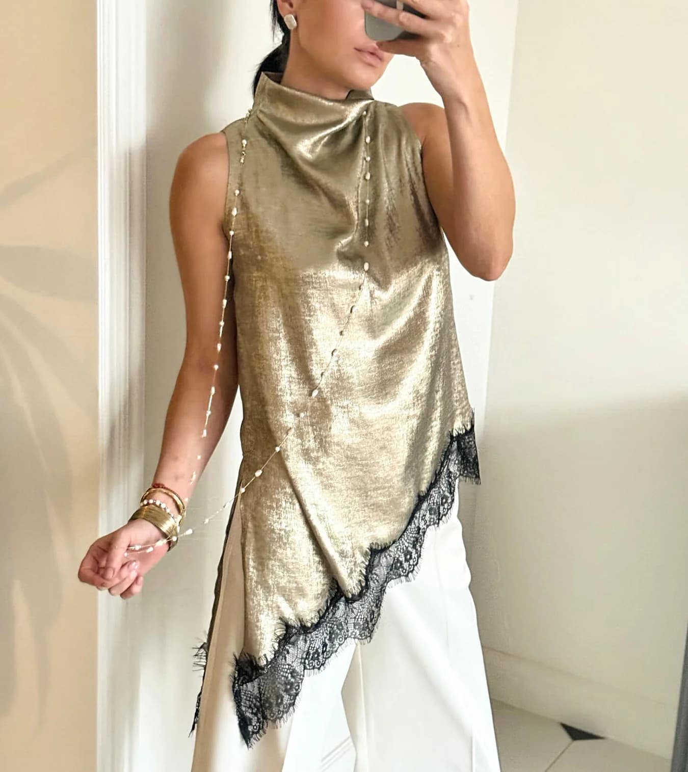 Women's Gold Casual Sleeveless Regular Fit High Neck Linen Top