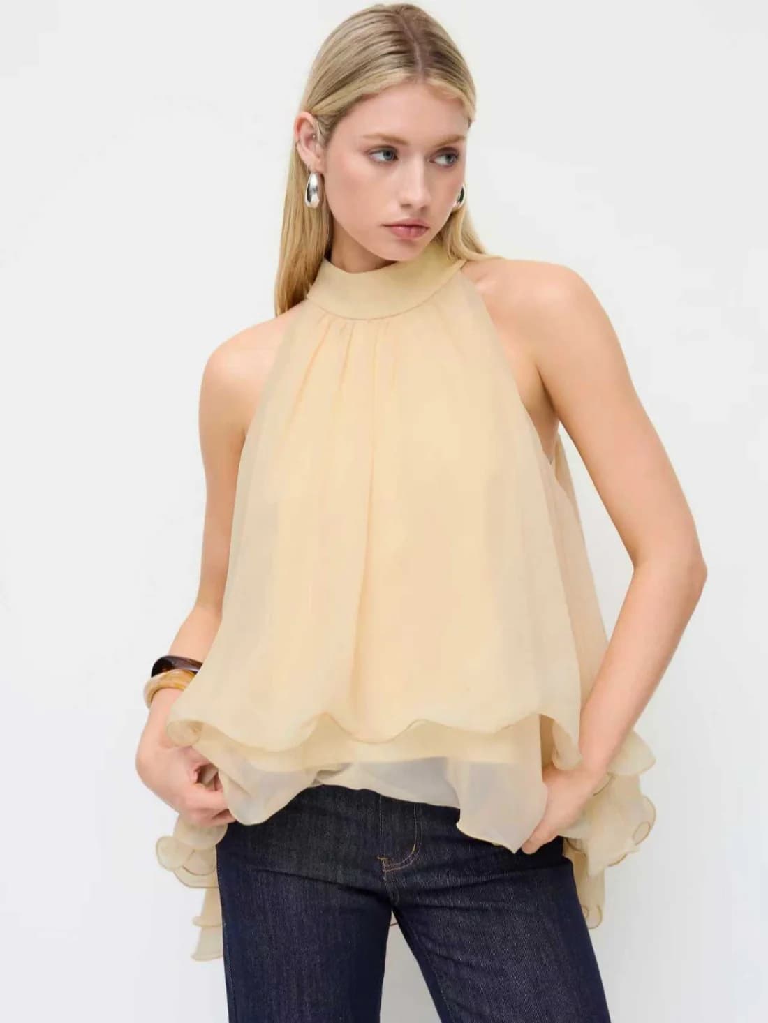 Women's Yellow Casual Sleeveless Regular Fit Halter Neck Peplum Top