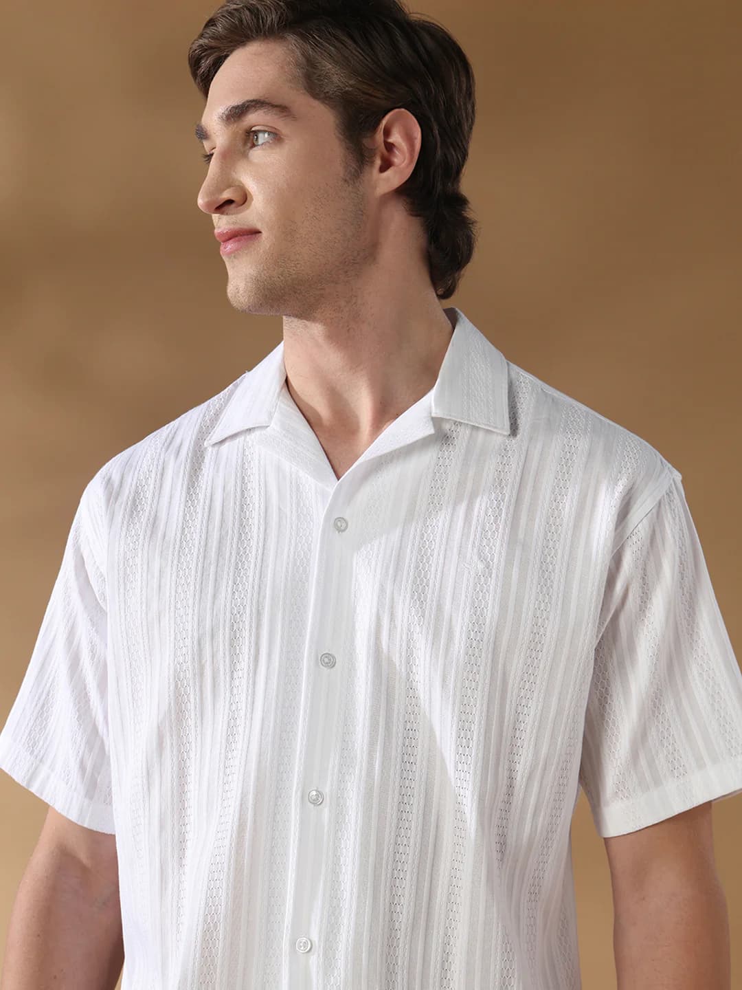 Men's White Casual Striped Regular Fit Shirt