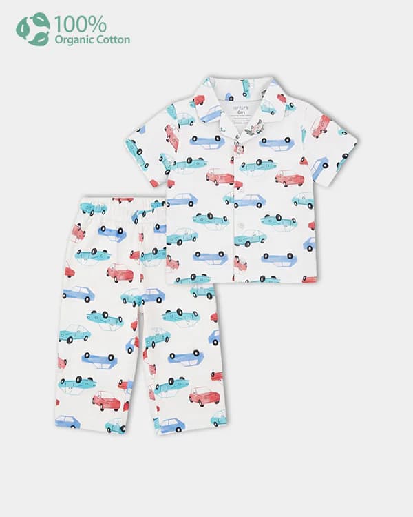 Baby Boy White Organic Cotton Car Print Tshirt and Trouser Sleepwear Set