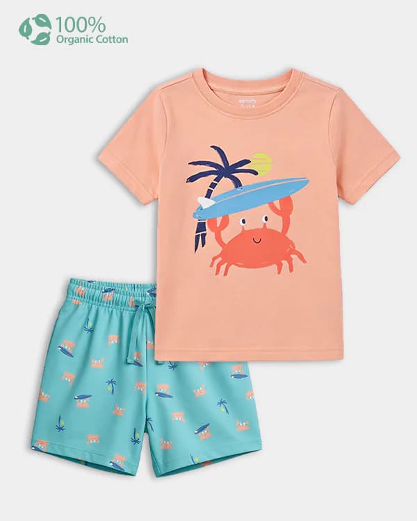 Toddler Boy Orange and Blue Organic Cotton Tropical Print Tshirt and Shorts Set