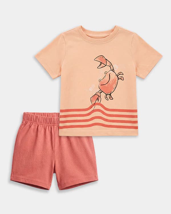 Toddler Boys Orange Organic Cotton Crab Print Tshirt and Shorts Sleepwear Set