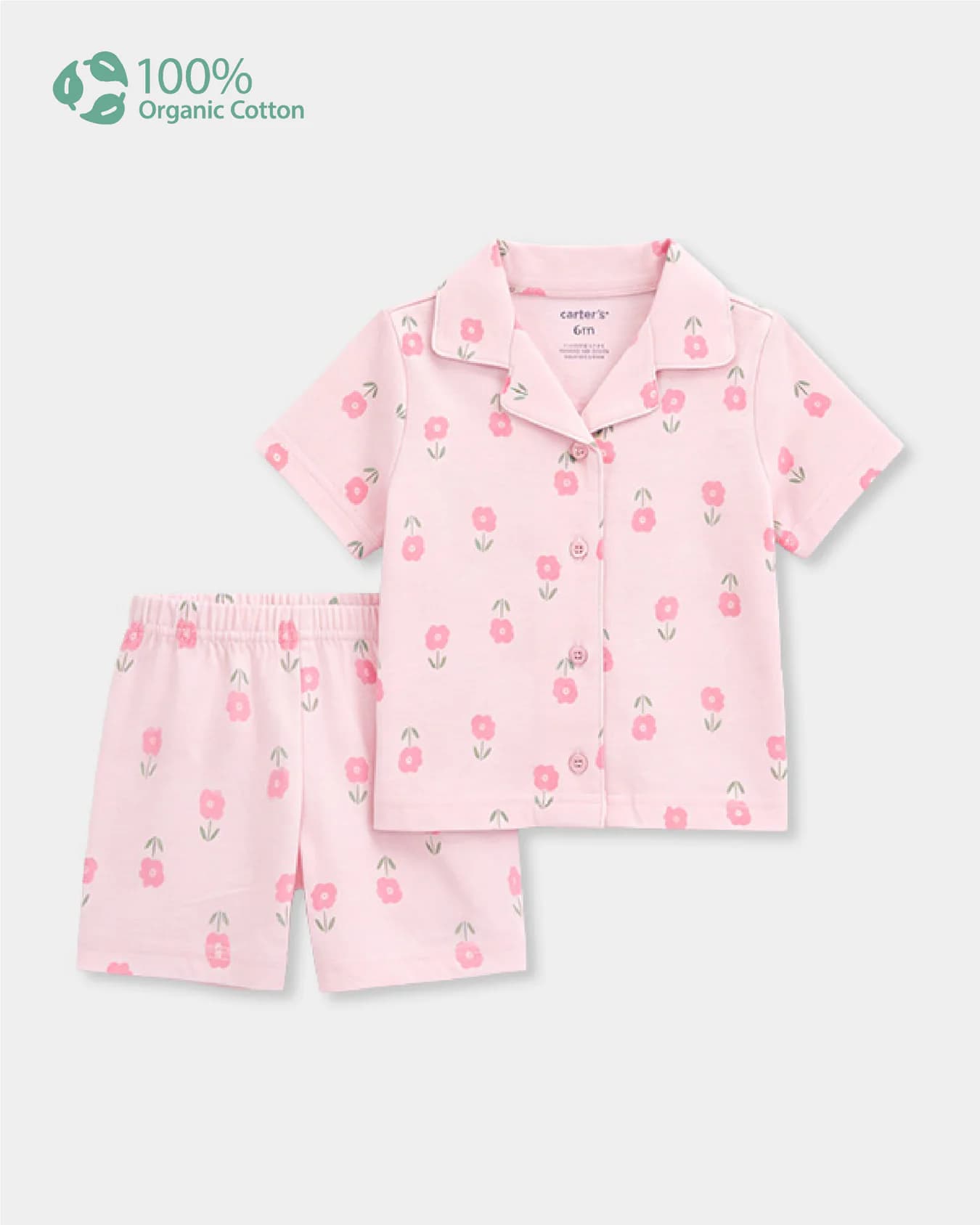 Baby Girl Pink Organic Cotton Floral Print Tshirt and Shorts Sleepwear Set