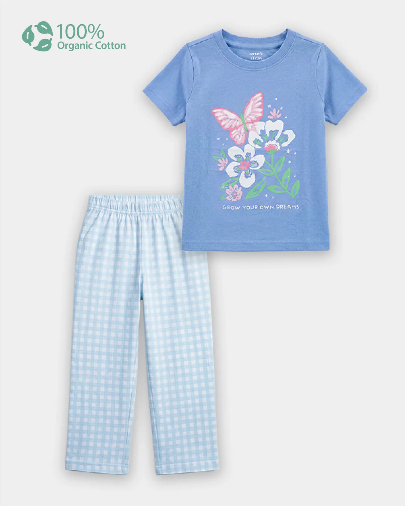 Toddler Girl Blue Organic Cotton Floral Print Tshirt and Trouser Sleepwear Set
