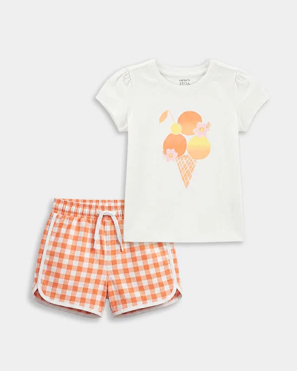 Toddler Girl White and Orange Organic Cotton Ice-Cream Print Tshirt and Shorts Set