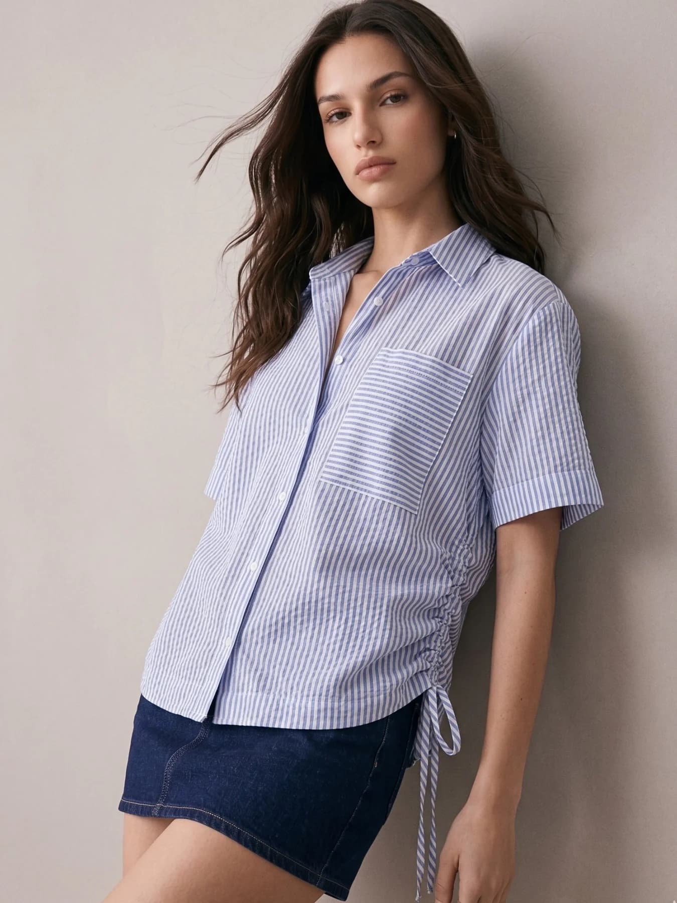Women's Dark Blue Boxy Shirt with Side Ruching Detail