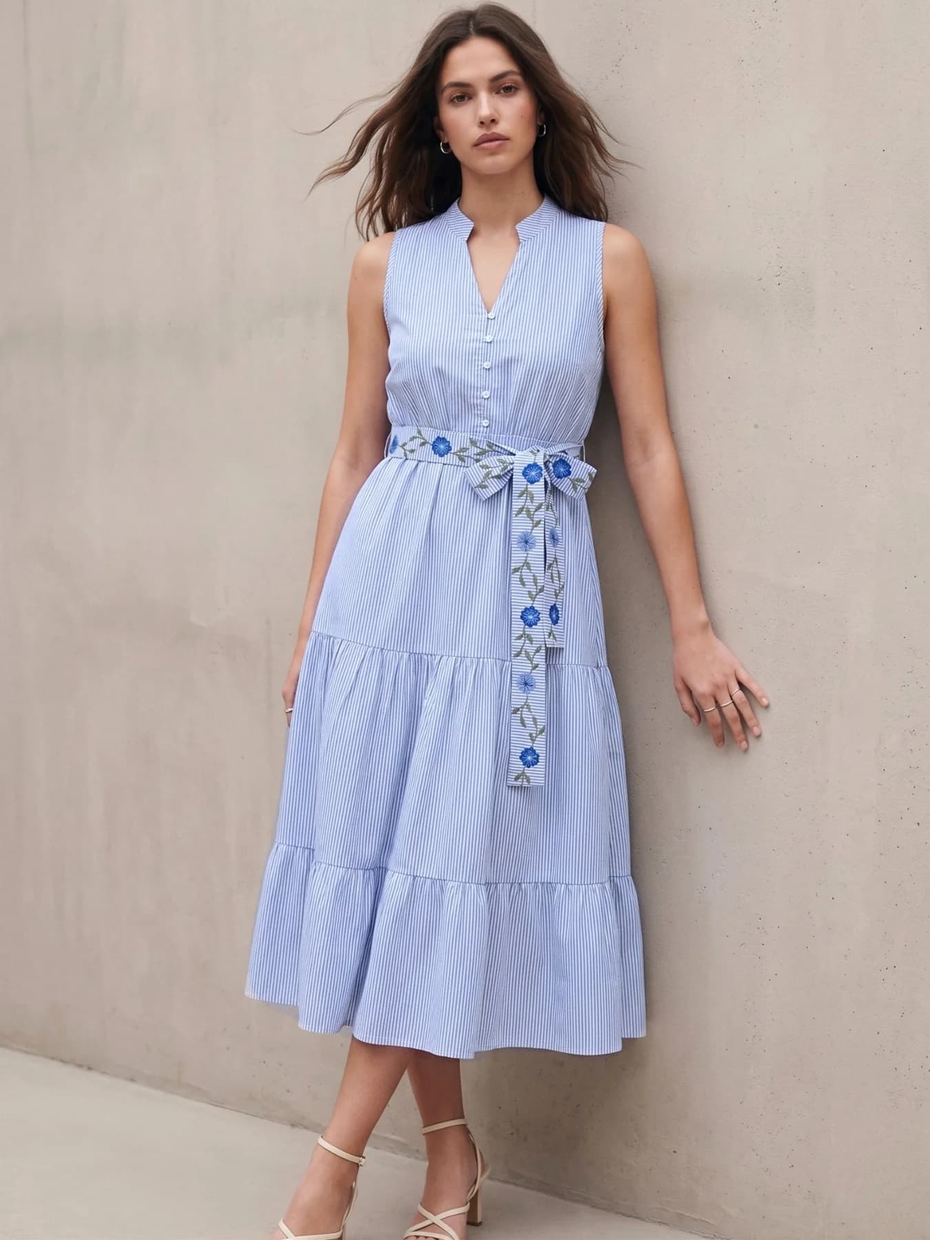 Women's Blue Flared Tiered Stripe Shirt Dress with Embroidered Belt