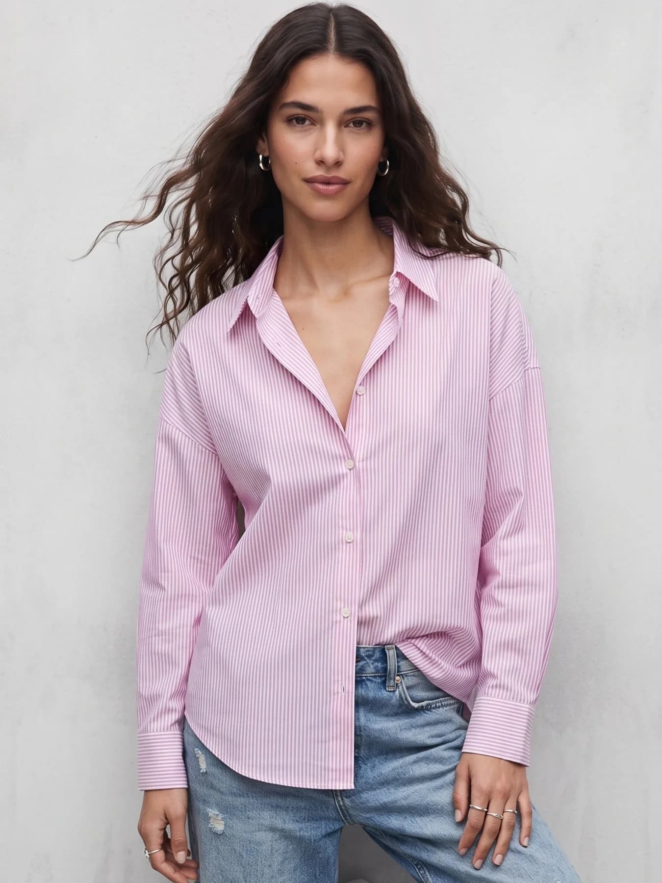 Women's Pink Oversized Drop Shoulder Yarn Dyed Stripe Shirt