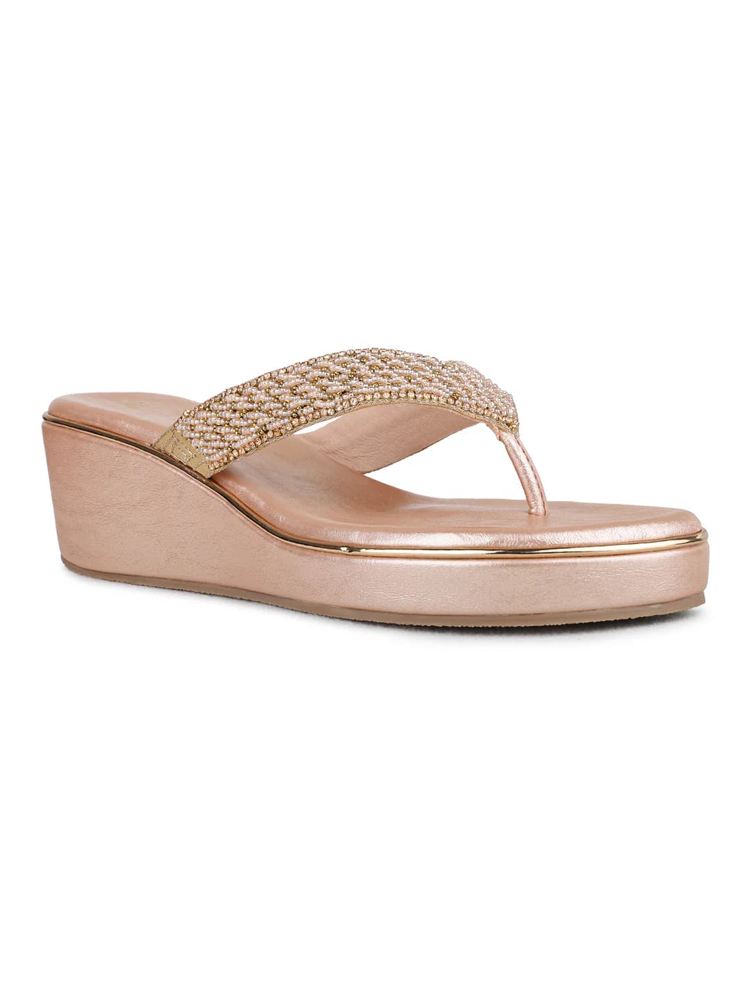 Women's Rose Gold Traditional Embossed T-Strap Sandals