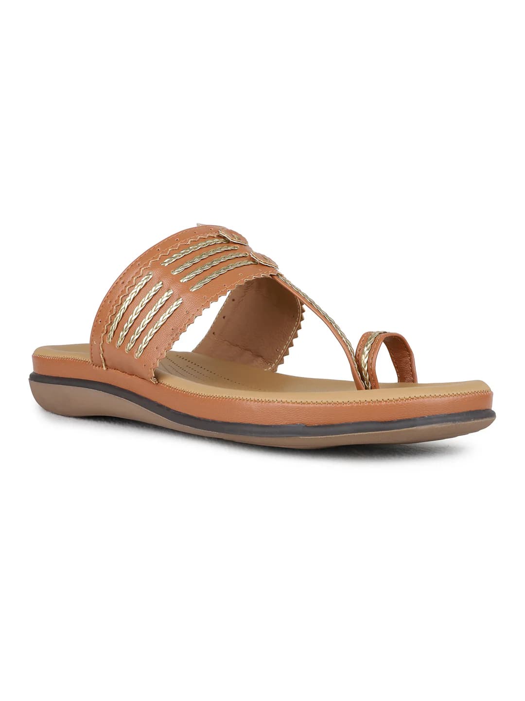Women's Tan Traditional Embossed Toe Ring Sandals