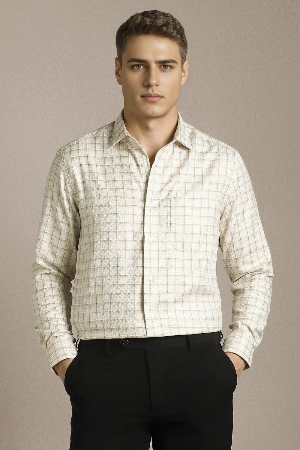 Men's Beige Classic Fit Check Full Sleeves Formal Shirt