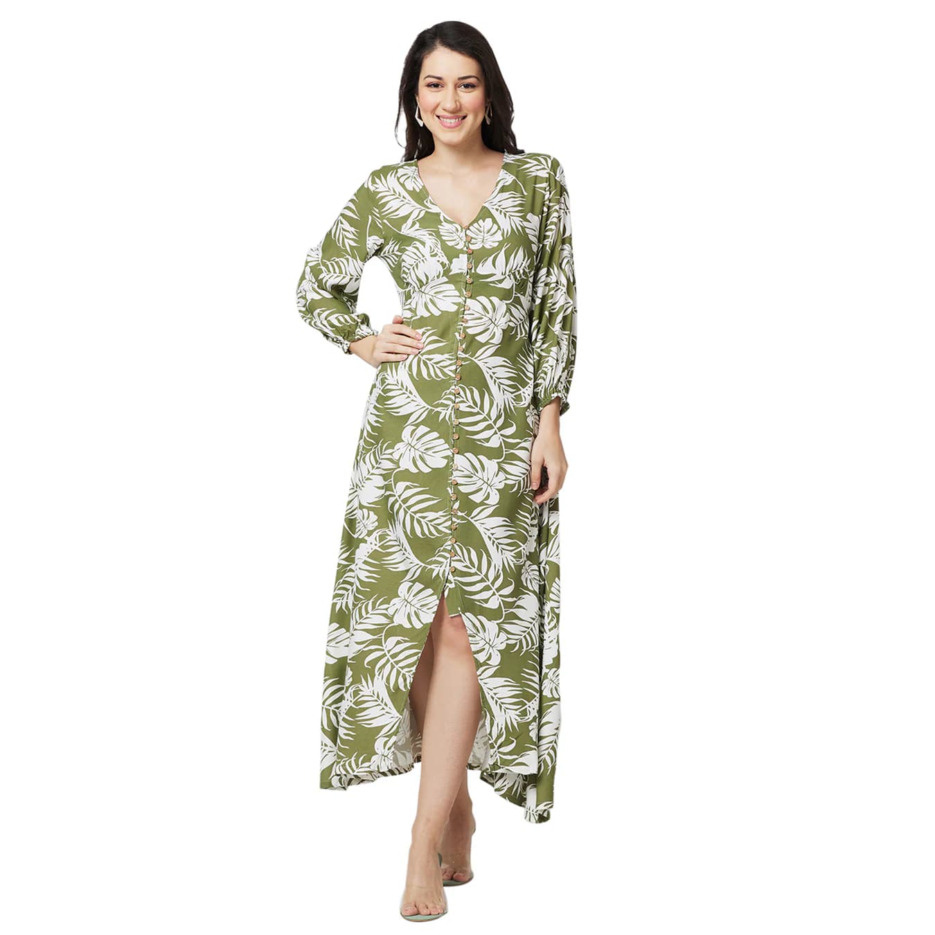 Women's Green Casual Printed A-Line V-Neck Dress