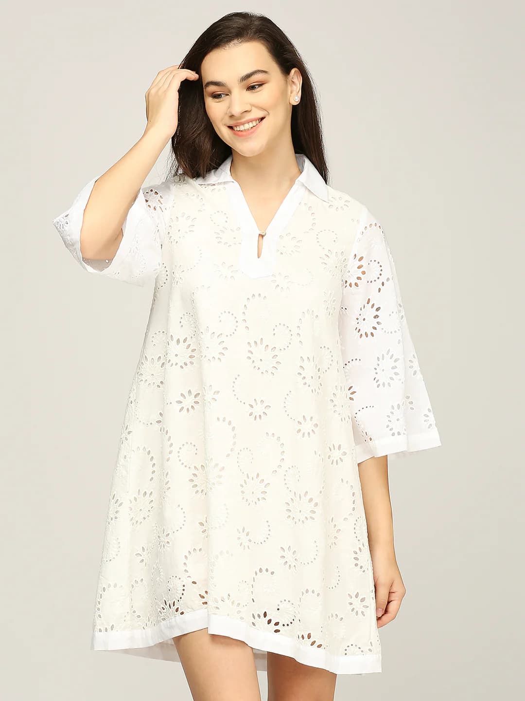 Women's White Casual Self-Design Tunic Dress