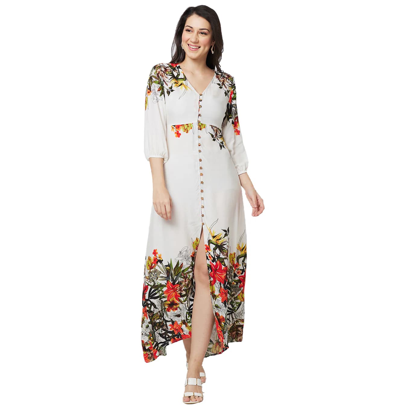 Women's Cream Casual Printed A-Line V-Neck Dress