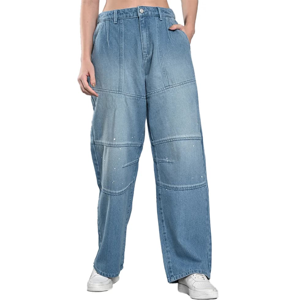 Women's Blue Casual Solid Wide Leg Mid Rise Faded Jeans