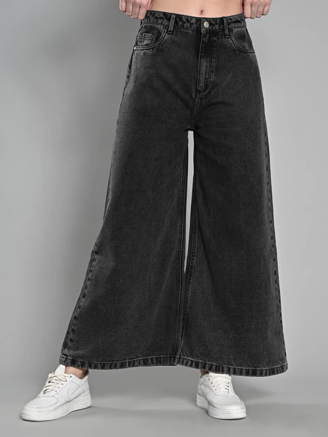 Women's Grey Casual Solid Wide Leg Mid Rise Faded Jeans