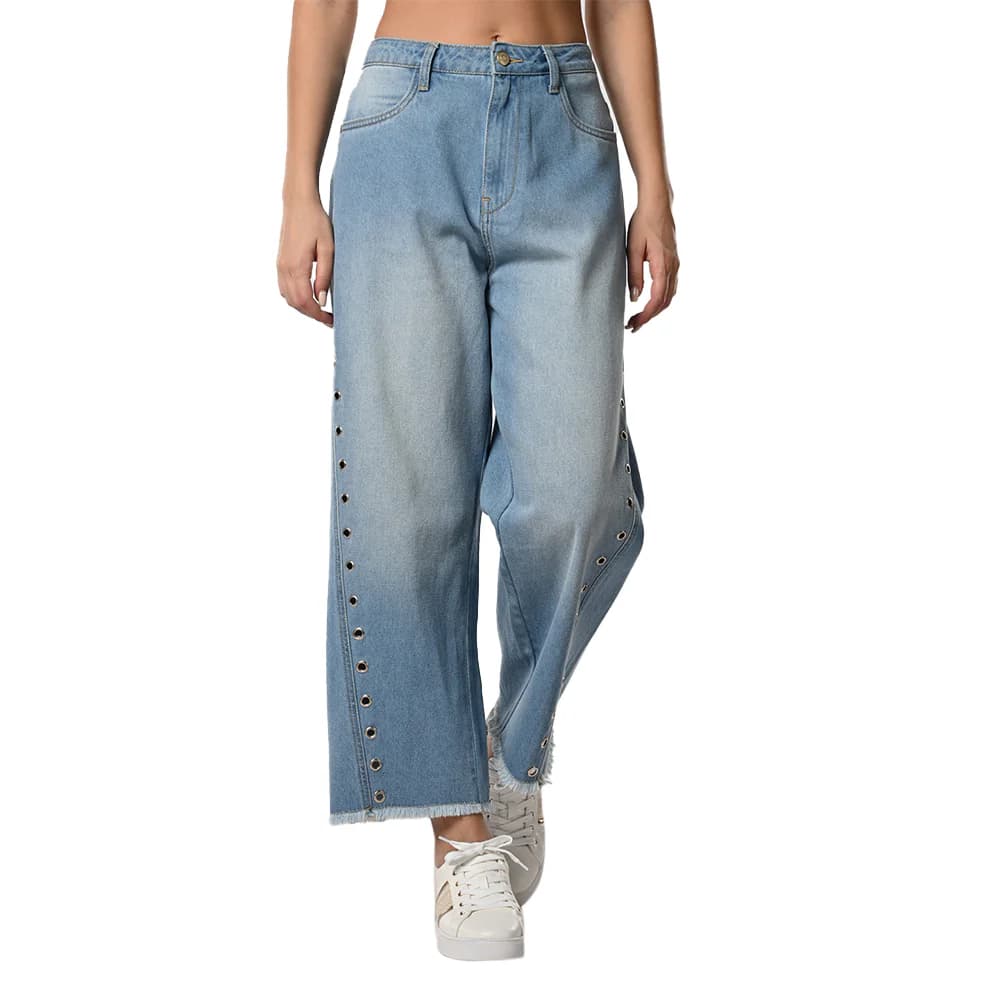 Women's Blue Casual Solid Wide Leg Mid Rise Faded Jeans