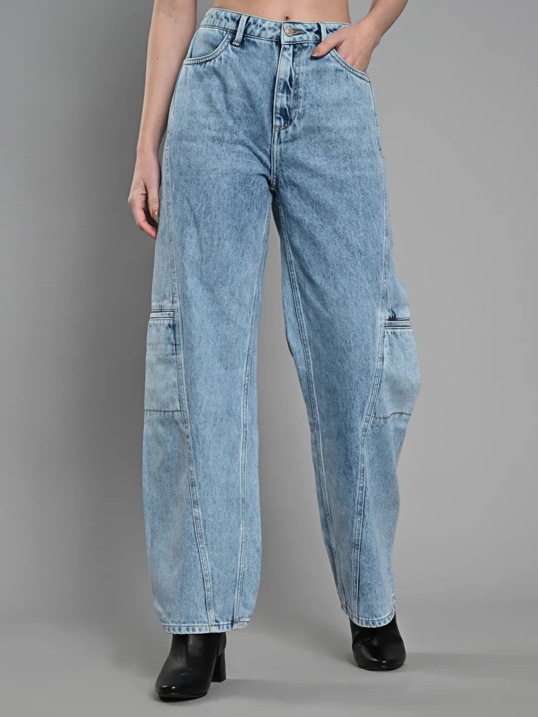 Women's Blue Casual Solid Wide Leg Mid Rise Faded Jeans