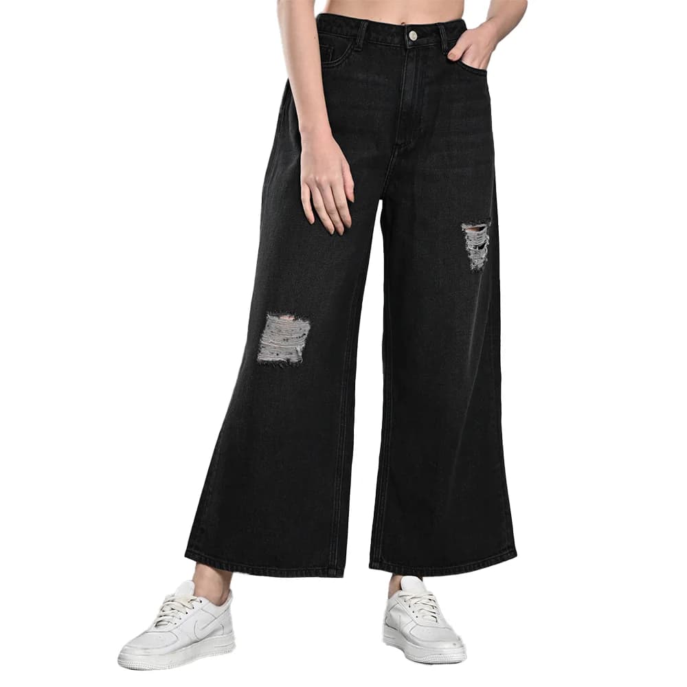 Women's Grey Casual Solid Wide Leg Mid Rise Faded Jeans