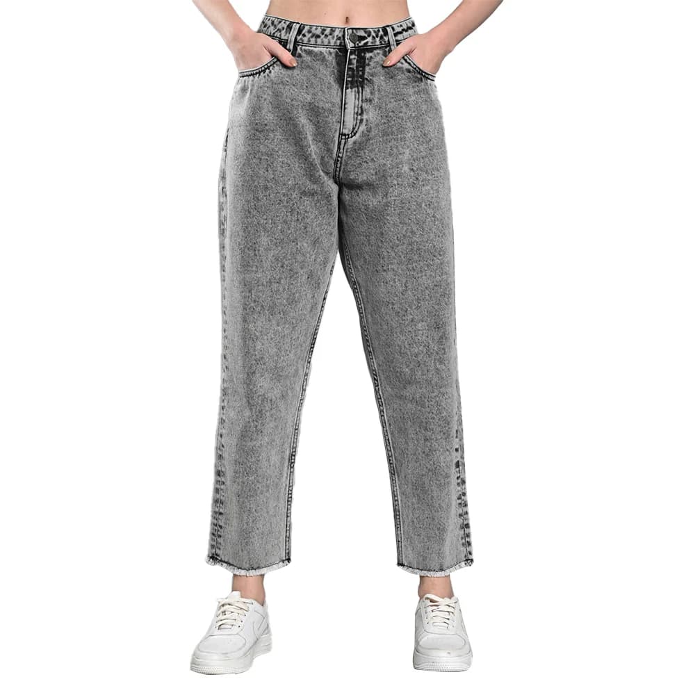 Women's Grey Casual Solid Tapered Fit Mid Rise Faded Jeans