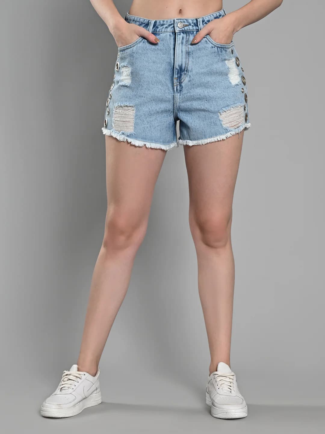 Women's Blue Casual Solid Regular Fit Mid Rise Faded Shorts