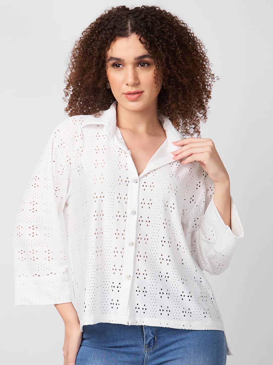 Women's White Casual Regular Fit Self-Design Crop Shirt
